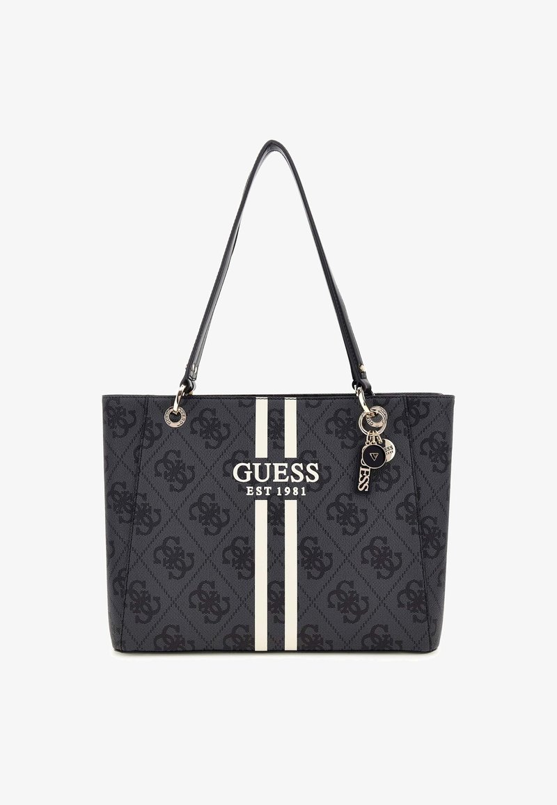 Sac fourre-tout noir avec motif logo, rayures blanches et accents argentés. Doté de poignées doubles et d'un détail de porte-clés. Matière en tissu.