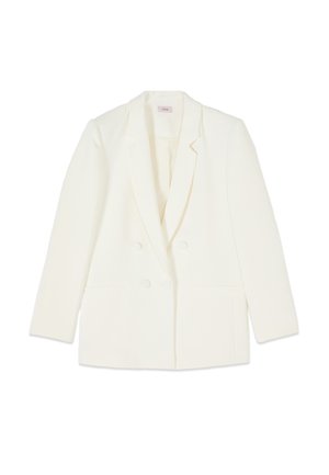 Weißer zweireihiger Blazer mit aufgeschlagenem Revers, langen Ärmeln, zwei Vordertaschen und bezogenen Knöpfen.