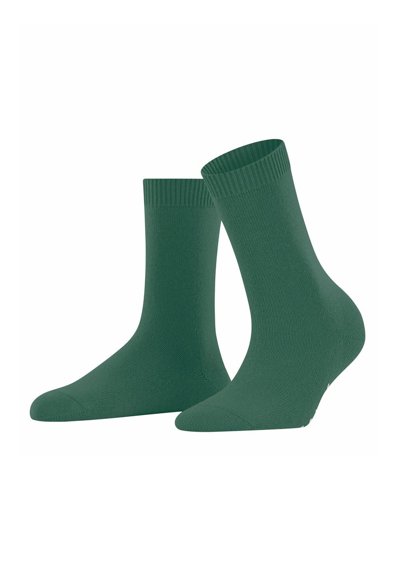 Pair of plain dark green mid-calf socks with ribbed cuffs, displayed side by side on a white background.