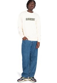Cream long-sleeve sweatshirt with green "ELEMENT" graphic, paired with loose blue denim jeans and multicolored sneakers. Casual fit.