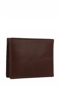 Portefeuille en cuir marron avec une texture lisse, présentant un design plié et des coutures visibles le long des bords. Aucun motif ni élément métal visible.