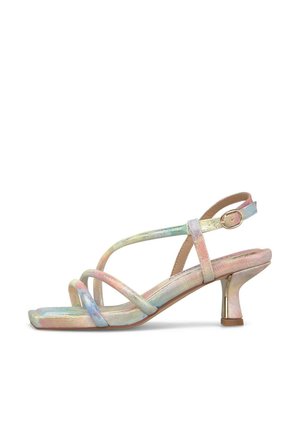 Sandalia de tiras en colores pastel con tacón curvado bajo, puntera cuadrada y correa ajustable en el tobillo con hebilla dorada.