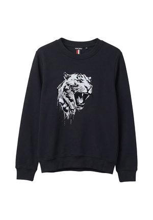 Felpa nera a maniche lunghe con una grafica centrale sulla parte frontale che rappresenta una testa di tigre bianca e grigia che ruggisce e gocciola.