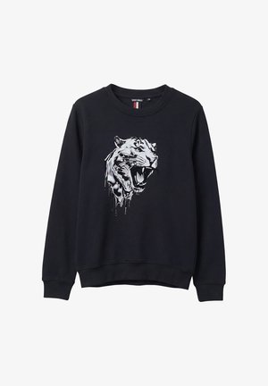 Felpa nera a maniche lunghe con una grafica centrale sulla parte frontale che rappresenta una testa di tigre bianca e grigia che ruggisce e gocciola.