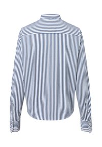 Striped shirt featuring light blue and white vertical stripes, standard collar, long sleeves with buttoned cuffs, and curved hem.