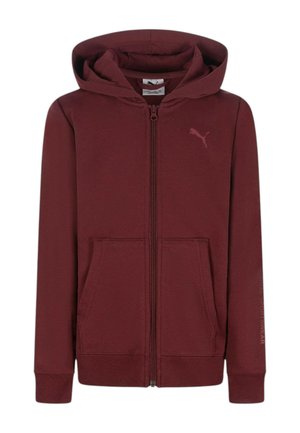 Felpa con zip color bordeaux, dotata di tasca a marsupio, cappuccio e logo Puma sul petto. Realizzata in tessuto morbido con polsini a costine.