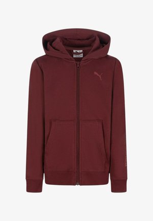 Felpa con zip color bordeaux, dotata di tasca a marsupio, cappuccio e logo Puma sul petto. Realizzata in tessuto morbido con polsini a costine.