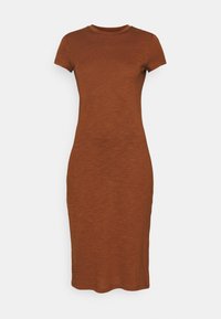 Rustinvärinen, lyhythihainen mekko, joka on valmistettu pehmeästä kankaasta. Istuva malli, jossa pyöreä kaula-aukko ja polvipituinen helma. Sujuva, teksturoitu pinta.