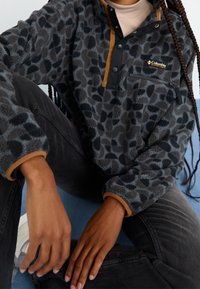 Fleece pullover in dark gray with a leopard print, featuring a quarter zip, contrasting tan collar, and a chest pocket with zipper.