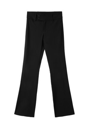 Black women's dress pants with a straight leg, two-button waistband, and belt loops, shown against a white background.