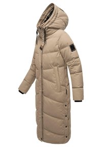 Beige long puffer coat with a high collar, zip front, and snap closure. Features side pockets and a logo patch on the sleeve.