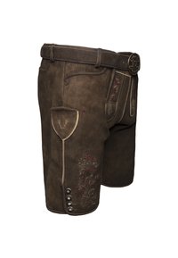 Shorts en cuir marron avec des motifs floraux brodés. Comprend une ceinture, des boutons décoratifs et des poches latérales. Surface texturée.