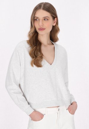 Vaaleanharmaa cropped huppari, jossa on V-pääntie ja pitkät hihat. Valmistettu pehmeästä materiaalista, rento malli ja ribbetty pääntie.