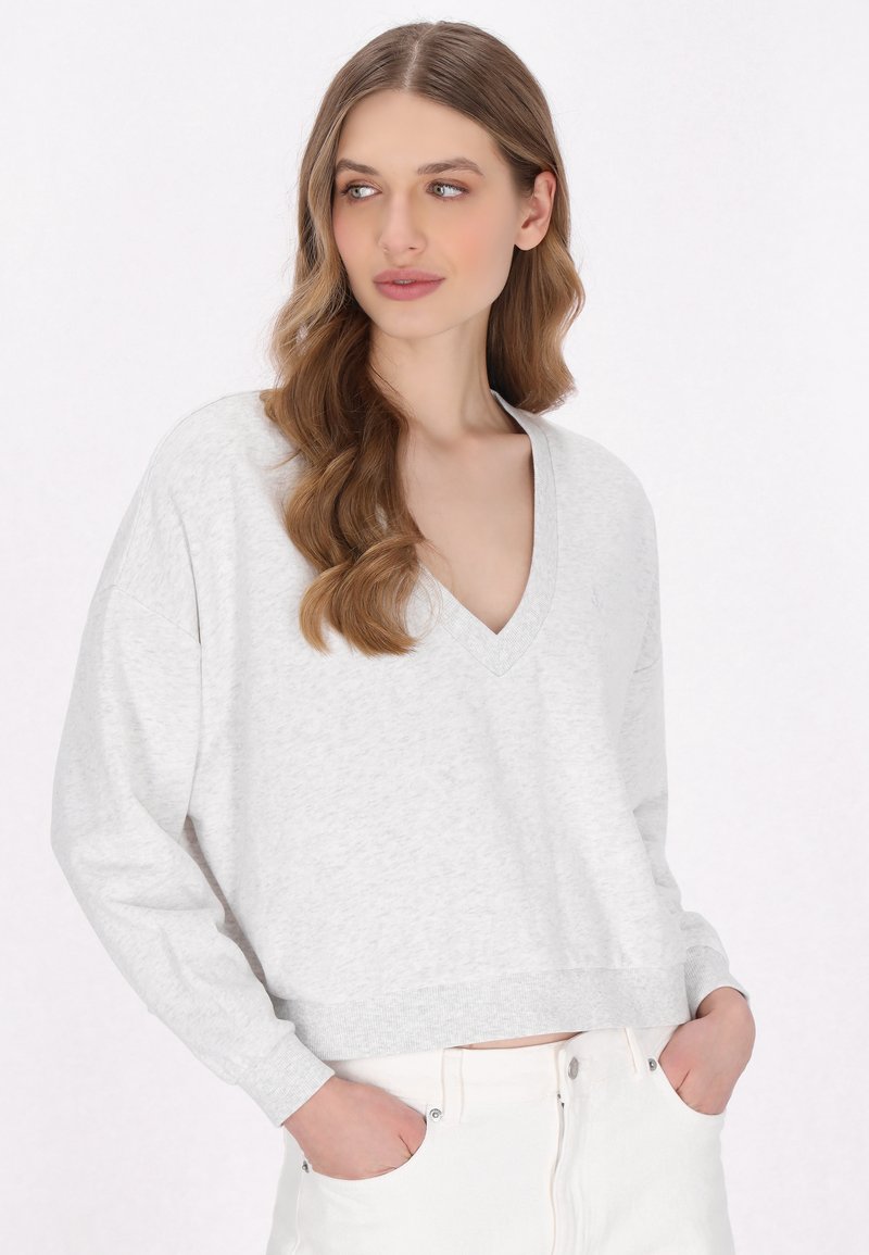 Sweatshirt court gris clair avec un col en V et des manches longues. Fabriqué à partir d'un matériau doux, il présente une coupe décontractée et un col en rib d'ourlet.