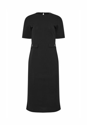 Schwarzes knielanges Kleid mit kurzen Ärmeln, rundem Ausschnitt und zwei dekorativen, mit Knöpfen versehenen Patten an der Taille.