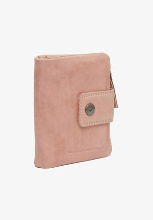 Rosa Lederbörse mit glatter Oberfläche, Druckknopfverschluss und sichtbaren Nähdetails. Verfügt über eine geprägte Markenkennzeichnung auf der Vorderseite.