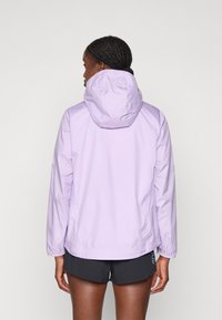 Light purple lightweight jacket with a hood, featuring long sleeves, a smooth texture, and side pockets. Back view shown.