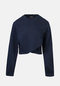 Sweatshirt court bleu marine en tissu doux, avec des manches longues, un col rond et un design à enveloppe à l'avant.