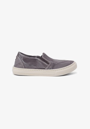 Grey slip-on shoes with a smooth, shiny texture, elastic side panels, and a white rubber sole. Minimalist design with contrasting stitching.