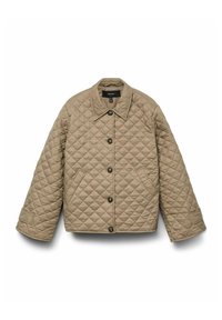 Veste beige matelassée avec un col échancré, des boutons à l'avant et deux poches latérales. Présente un motif en losange et des manches longues et larges.