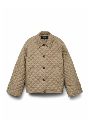 Quilted beige jacket with a spread collar, front buttons, and two side pockets. Features a diamond pattern and long, wide sleeves.