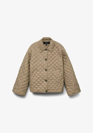 Quiltad beige jacka med spridd krage, framknappar och två sidofickor. Har ett diamantmönster och långa, vida ärmar.