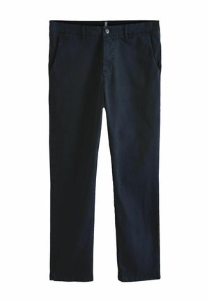 Ciemnoniebieskie spodnie o prostym kroju, wykonane z gładkiej bawełnianej tkaniny, z kieszeniami z przodu oraz zapięciem na guzik w pasie.