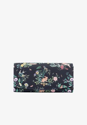Portefeuille à motif floral en marine foncé, présentant des lapins et des oiseaux. Fait en matériau durable avec une texture lisse et des finitions en métal doré.