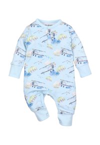 Niebieski bawełniany kombinezon dla niemowląt z nadrukiem samolotu i spadochronu. Posiada długie rękawy oraz zapięcia na zatrzaski na dole, co ułatwia ubieranie.