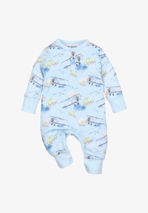 Blauer Baumwoll-Baby-Overall mit einem Druck von Flugzeugen und Fallschirmen. Verfügt über lange Ärmel und Druckknöpfe am Boden für ein einfaches Ankleiden.