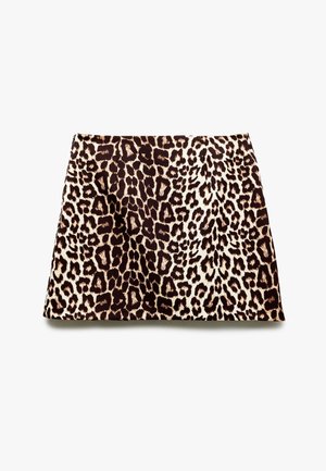 Miniskirt med leopardprint, der har en brun og beige farveskala, blød tekstur, let udvidet design og ingen synlige metaldele.