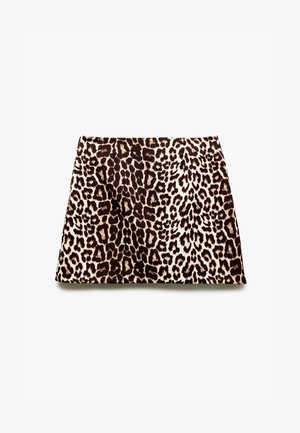 Minirok met luipaardprint in een bruin en beige kleurenpalet, zachte textuur, licht uitlopende vorm en zonder zichtbare hardware.