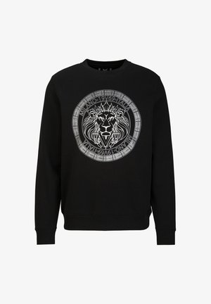 Schwarzer Kapuzenpullover mit auffälligem weißen Löwenmotiv, umgeben von Text. Der Stoff ist glatt mit gerippten Bündchen und Kragen.