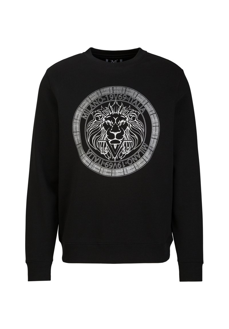 Schwarzer Kapuzenpullover mit auffälligem weißen Löwenmotiv, umgeben von Text. Der Stoff ist glatt mit gerippten Bündchen und Kragen.