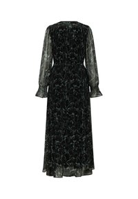 Long black dress with sheer long sleeves, featuring a pleated design and a textured, floral pattern on the bodice and skirt.