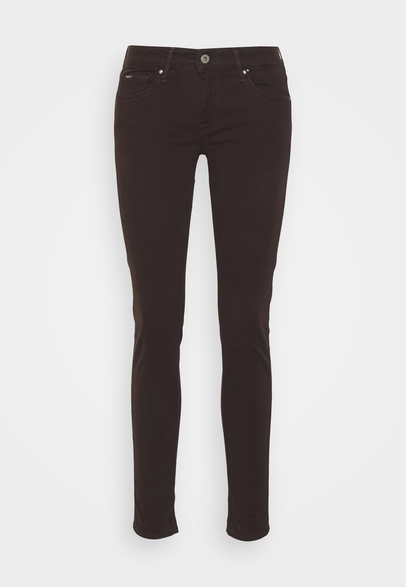 Schwarze Skinny-Jeans aus einem Baumwollmischgewebe. Mit Gürtelschlaufen, fünf Taschen und einem einzigen Knopfverschluss. Glatte Textur.