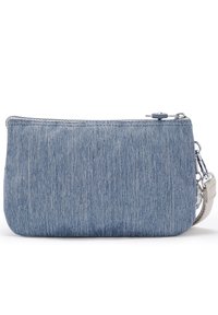 Bolsa de denim en azul claro, de forma rectangular. Cuenta con cierre de cremallera con un tirador azul, herrajes plateados y una correa beige. Superficie ligeramente texturizada.