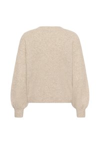 Pull beige à manches longues, coupe ample, poignets et ourlet côtelés, vu de dos sur fond blanc. Aucun motif ni logo visible.