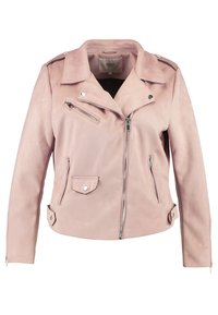 Różowa kurtka motocyklowa ze sztucznej skóry, z kołnierzem, zamkiem błyskawicznym z przodu, bocznymi kieszeniami oraz detalami na biodrach z zatrzaskami.