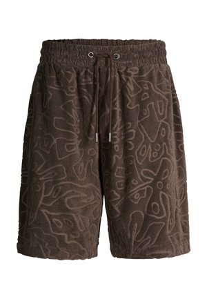 Shorts en polaire marron avec taille élastique et cordon, présentant un motif texturé abstrait et des poches latérales.