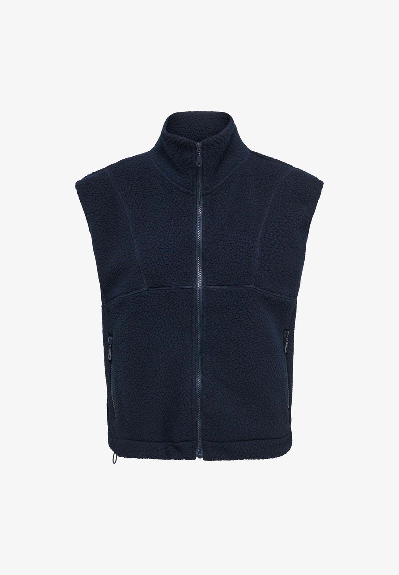 Veste polaire bleu foncé avec col montant, fermeture éclair devant, deux poches latérales zippées et tissu doux texturé, présentée sur fond blanc.