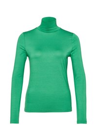 Grön långärmad polotröja i mjukt, stretchigt material. Har en figurnära design och hög krage. Enkel och enfärgad.