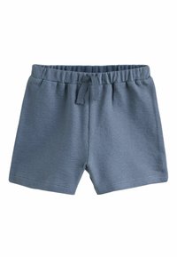 Shorts en tissu bleu texturé avec ceinture élastique et cordon à nouer à l'avant, conçus pour une tenue décontractée.