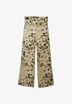 Pantaloni a gamba larga beige con motivo leopardato. Presentano cinque tasche, passanti per cintura e chiusura con bottone in vita.