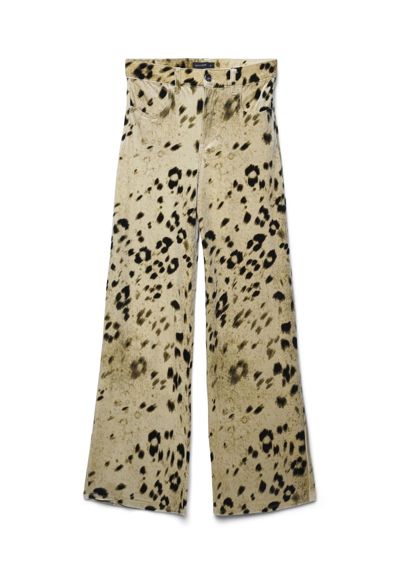Beige weite Hosen mit Leopardenmuster. Verfügt über fünf Taschen, Gürtelschlaufen und einen Knopfverschluss an der Taille.