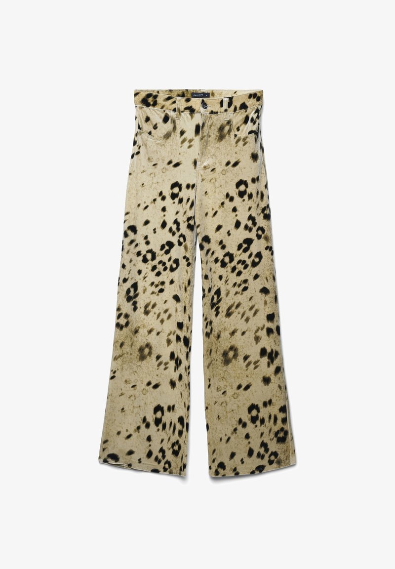 Beige weite Hosen mit Leopardenmuster. Verfügt über fünf Taschen, Gürtelschlaufen und einen Knopfverschluss an der Taille.