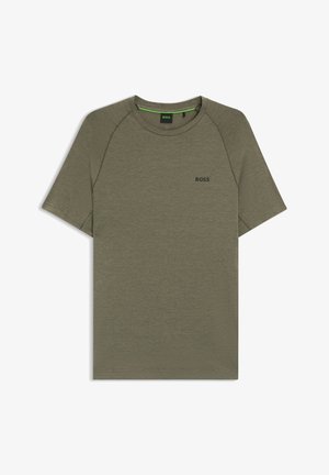 Olivgrön t-shirt med korta ärmar i texturerat tyg. Har en ribbad halsringning och en diskret svart logotyp på bröstet.