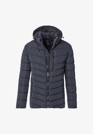 Ciemnoniebieska kurtka puchowa z kapturem, z poziomymi przeszyciami, zapięciem na zamek z przodu oraz małą kieszonką na zamek na klatce piersiowej.