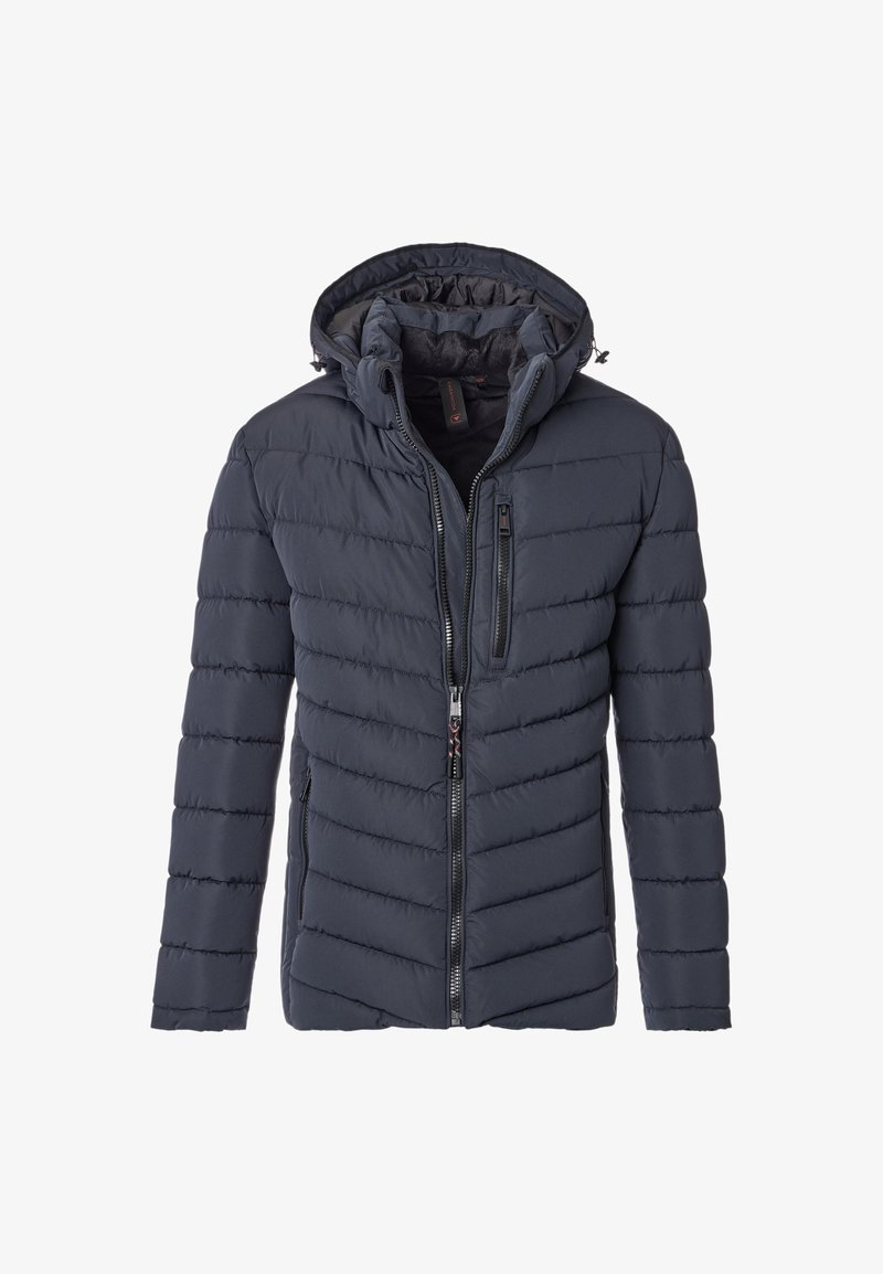 Ciemnoniebieska kurtka puchowa z kapturem, z poziomymi przeszyciami, zapięciem na zamek z przodu oraz małą kieszonką na zamek na klatce piersiowej.