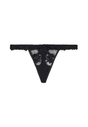 Black lace thong with floral patterns and mesh detailing, featuring a scalloped lace waistband.